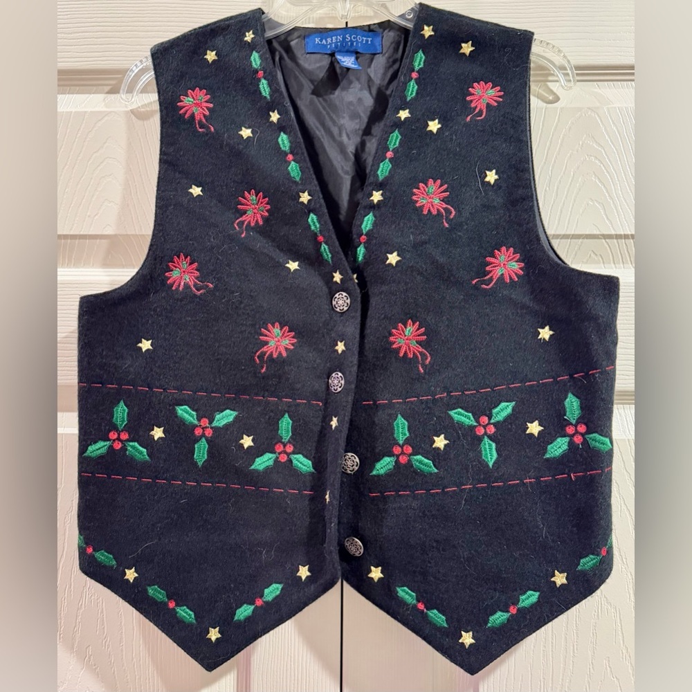 Vtg Velvet Ugly Christmas Vest Petite Medium PM Karen Scott Black Embroidered
